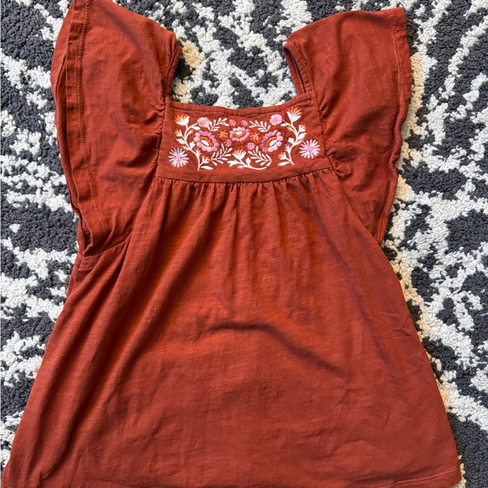 Boden Girls Embroidered Shirt 7/8 in Rust